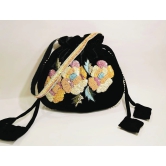 Black Velvet Beaded Floral Drawstring Bag