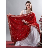 Red Zari Embroidered Bail With Sequinned Flowers and Multicolour Thread Kite On Velvet Dupatta From Amritsar