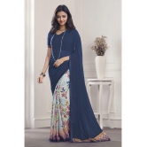 Rangita Half & Half Printed Georgette Saree With Lace Border & Blouse Piece - Navy Blue - Navy Blue