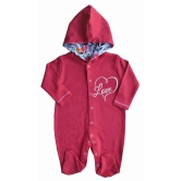 Coral Hoody Full Romper/Sleeper with Feet and Floral Printed Hood(100% Cotton)