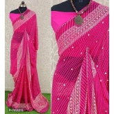 Georgette Striped Printed Sarees with Blouse-Pink