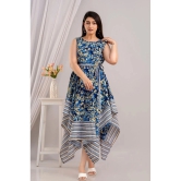 Frionkandy Cotton Printed Ankle Length Womens Asymmetric Dress - Blue ( Pack of 1 ) - None