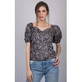 Black Floral Printed V-Neck Puff Sleeve Top (OTL-TPS1011)-Black / M