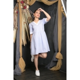 OWO THE LABEL Cotton Dress For Women V-Neck Light Blue Frock Style Dress (OTL-DRS1082)-Blue / XXL