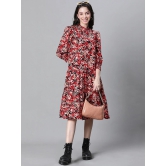 Oxolloxo Floral Printed Mandarin Collar Puff Sleeves Pure Cotton Shirt Midi Dress