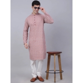 Men's Coral Red & White Embroidered Straight Kurtas-L / Pink