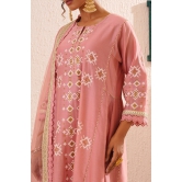 Block printed centre panel flared, side kali kurta set with lace detailing on pants and organza dupatta-5XL