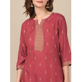 Rangita Women Rayon Maroon Gold Printed Placket Knee Length Straight Kurti - None