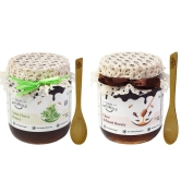 Farm Naturelle-Raw Natural Ayurvedic Unprocessed Tulsi Forest Flower Honey with Huge Medicinal Value and Clove Infused Forest (Jungle) Honey-(700gm+75gm Extra+Wooden Spoons.) x 2 Sets.