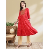 Rangita Women Rayon Red Embroidered Ankle Length Tiered Flared Kurti - None