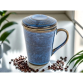 Reactive Glazed Ceramic Large Modern Herbal Tea Strainer Coffee Mug, Infusion Tea Mug with Infuser and Lid for Steeping Loose Leaf Tea, Microwave and Dishwasher Safe, 250 ml, Greenish Blue