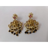 Stunning antique gold plated Goddess Lakshmi earrings with intricate detailing and black beads.