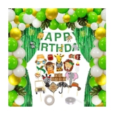 Party Propz 121Pcs Jungle Safari Theme Party Decorations Set Happy Birthday Banner, Jungle Theme Photobooth, Multicolour Latex Balloons, Green Foil Curtain, Glue Dot and Arc for Kids Birthda