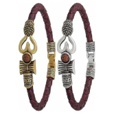 OM Trishul Damroo Designer Oxidized Gold & Silver Leather Kada Bracelet Set - None