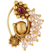 Vivastri Premium Gold Plated Nath Collection  With Beautiful & Luxurious Red Diamond Pearl Studded Maharashtraian  Nath For Women & Girls-VIVA1166NTH-Press - Red