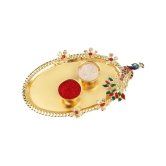 Designer Silver Kada Bhabhi Rakhi With Kankawati Pooja Thali Roli Chawal And Raksha Bandhan Greeting Card - None