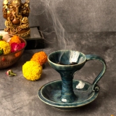 Ceramic Dhuna Loban Burner, Round Dhooni Dhoop Dani Incense Burner, Table-Top Incense Holder for Loban, Elegant and Traditional Dhoop Dani for Purifying Home Peacock Green