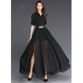 Georgette Black Solid Maxi Long Dress-L