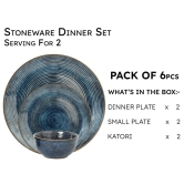 Handcrafted Stoneware Reactive Glaze Ceramic Dinner Set, 6 Pieces Serving for 2, Microwave and Dishwasher Safe, Bone-ash Free, Crockery Set for Dining and Gifting, Reactive Blue