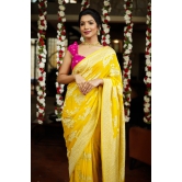 Pure Georgette Silk Banarasi Saree  in Yellow with Rose Jaal Weave in Silver Tone Zari | SILK MARK CERTIFIED