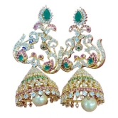 Stunning Gold-Plated Kundan and Pearl Jhumka Earrings with Green Stones