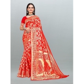 Om Shantam Sarees - Red Banarasi Silk Saree With Blouse Piece ( Pack of 1 ) - Red