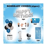 Party Propz Boss Baby Theme Decorations 1st Birthday Combo Set - 43Pcs Happy Birthday Silver letter Foil Balloon, Metallic Balloons, Boss Baby Character, Foil Curtain, Number 1 Foil Balloon 