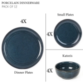 Handcrafted Chip Resistance Porcelain Dinner Set, 12 Pieces Dish Set Serving for 4, Microwave and Dishwasher Safe, Bone-ash Free, Crockery Set for Dining and Gifting, Sapphire Blue