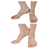 AanyaCentric Combo of 2 Pair Silver Plated White Metal Indian Traditional Ethnic Payal Anklets - Silver