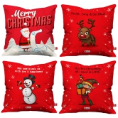 Indigifts Merry Christmas Characters Cushion Covers for House (16x16 Inches; Red) -Set of 4 - Christmas Cushion, Xmas Decorations, Christmas Pillow, Christmas Decorations for House