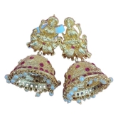 Exquisite Goddess Lakshmi Antique Gold Plated Jhumka Earrings with Pink Stones and Pearls