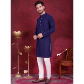 Mens Chikankari Embroidered Kurta Pyjama Set-L / Navy-Blue