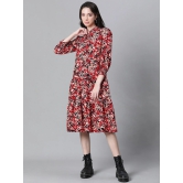 Oxolloxo Floral Printed Mandarin Collar Puff Sleeves Pure Cotton Shirt Midi Dress