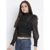 Oxolloxo Black Bishop Sleeves Ruffles Cinched Waist Top