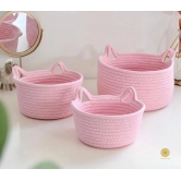 Cat Shape Rope Woven Storage Organiser Basket Set of 3-Pink