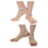 AanyaCentric Combo of 2 Pair Silver Plated White Metal Indian Traditional Ethnic Payal Anklets - Silver