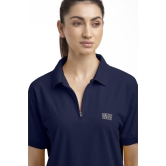 Women Solid Zip Neck Polyester Dark Blue T-Shirt