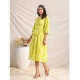 Janasya Cotton Printed Midi Womens A-line Dress - Lime Green ( Pack of 1 ) - None