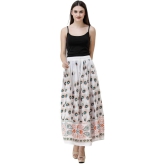 Snow-White Long Skirt with Printed Peacock Feathers