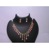 Delicate Pink Beaded Necklace and Earring Set with Rhinestone Accents