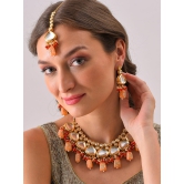 Gold Plated Kundan Beaded Necklace, Earrings and Maang Tikka Set