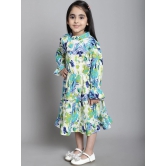 MINI & MING Girls Floral Print Mock Neck Bell Sleeves Crepe Fit & Flare Midi Dress