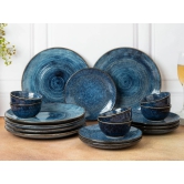 Reactive Handcrafted Premium Ceramic Dinner Set | 6 Dinner Plates, 6 Quarter Plates, and 6 Small Dinner Bowl | Stoneware | Microwave and Dishwasher Safe | Pack of 18 | Reactive Blue