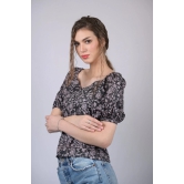 Black Floral Printed V-Neck Puff Sleeve Top (OTL-TPS1011)-Black / M