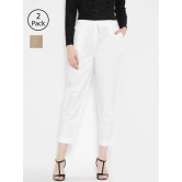 Women Off-White & Brown Relaxed Regular Fit Solid Peg Trousers