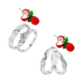 Silver Shine Adjustable Party Wear 2 Pair of Couple Rings Set With 2 Piece Red Rose Gift Box for lovers - None