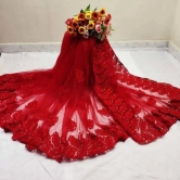 New Trendy Net Embroidered Saree with Blouse piece-Red