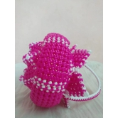 Handcrafted Pink and White Beaded Basket with Handle