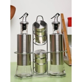 VON CASA Condiment Set Salt & Pepper with 2 Oil Dispenser Set with Stand - Stainless Steel Glossy Finish