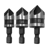 3Pcs Countersink Chamfer Drill Bit Set, 5 Flute 90 Degree Chamfering Countersink Bits with 1/4Inch Hex Shank, 12mm 16mm 19mm